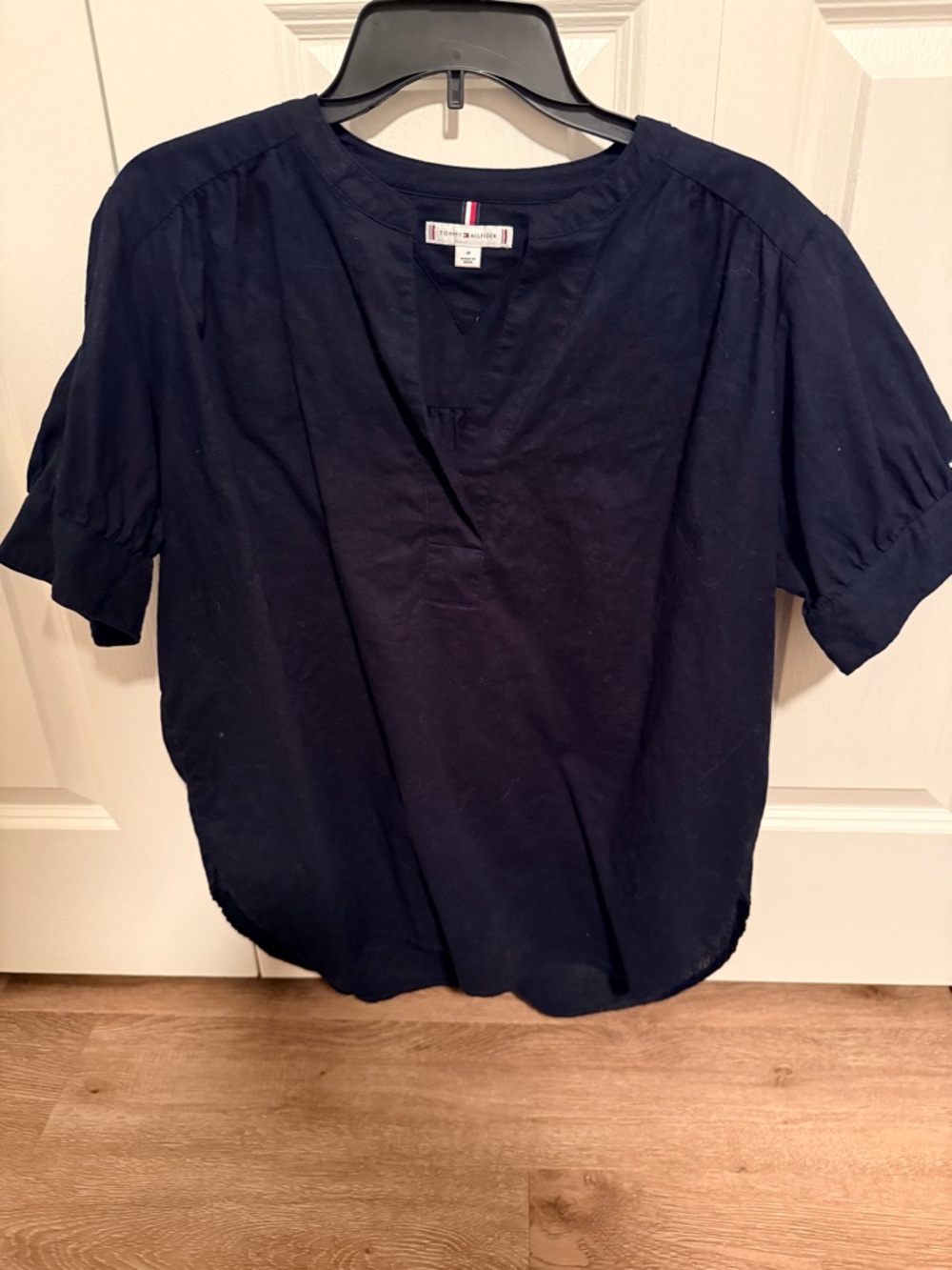 Tommy Hilfiger Navy V-Neck Short Sleeve Linen Blouse